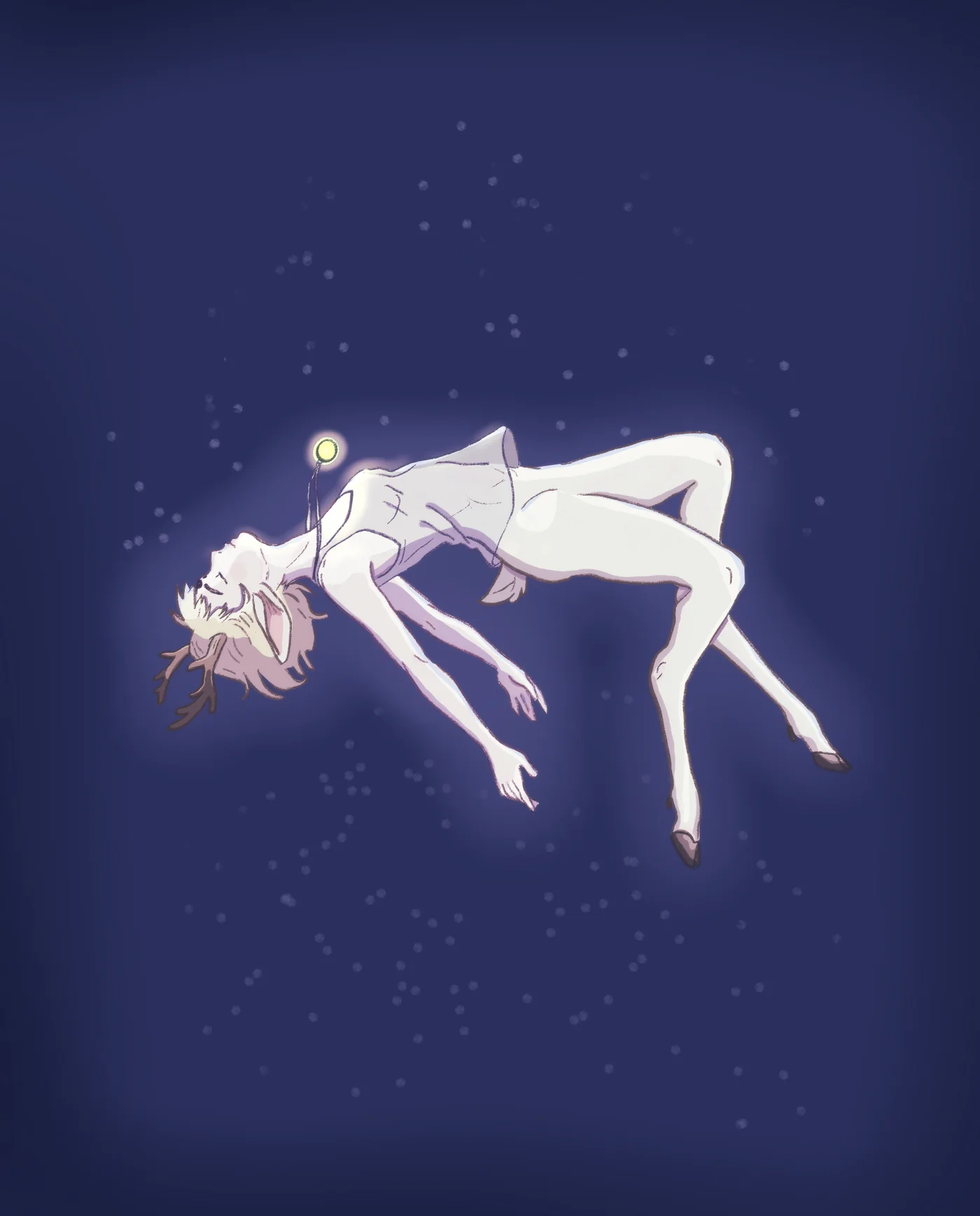 A girl with antlers and hooves floats in a starry night sky, holding a small light.