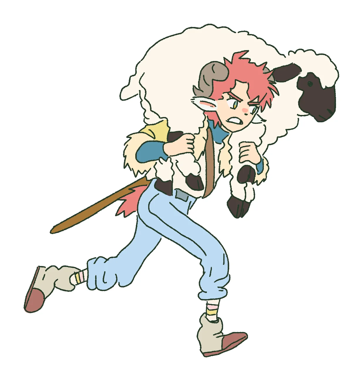 A red-haired boy with ram horns runs, carrying a sheep across his shoulders.
