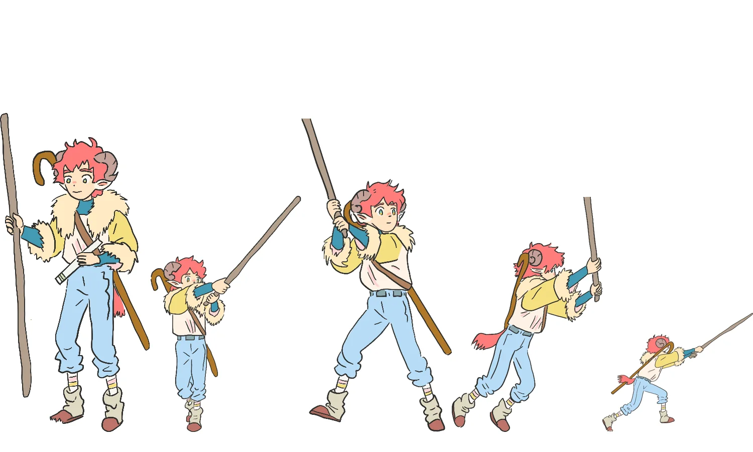 Five animation frames of a red-haired boy with ram horns swinging his staff.