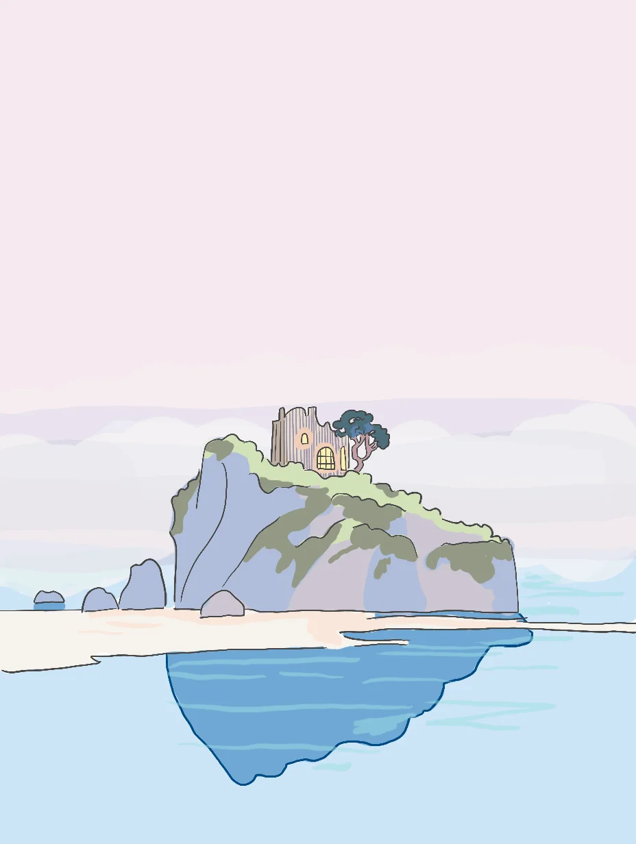 A lonely island with a small ruined house rises from a pale sea.