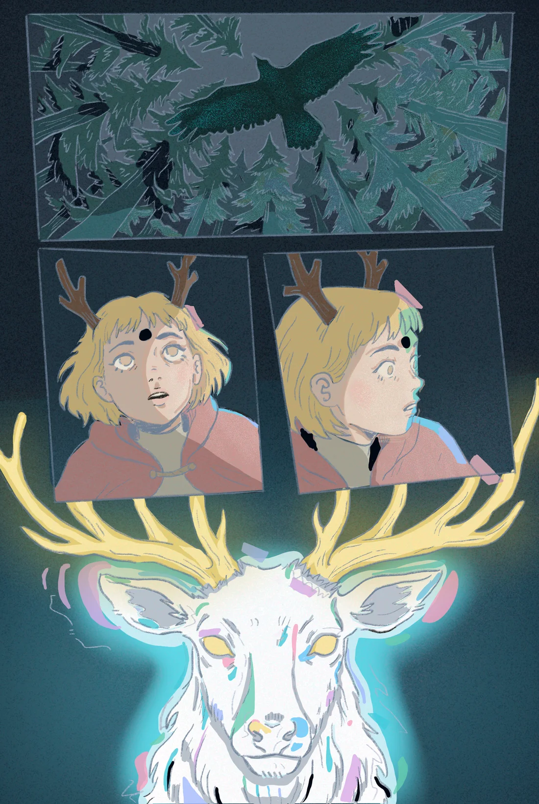 Embe gasps as a glowing white stag with golden antlers rises below her.