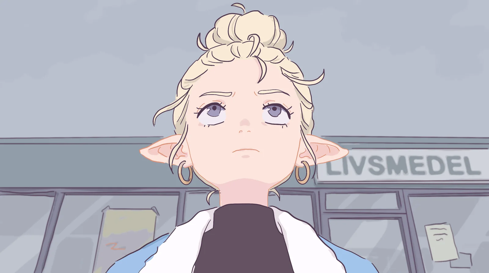 Emmy, a blonde elf with gold hoops, looks up under a LIVSMEDEL shop sign.