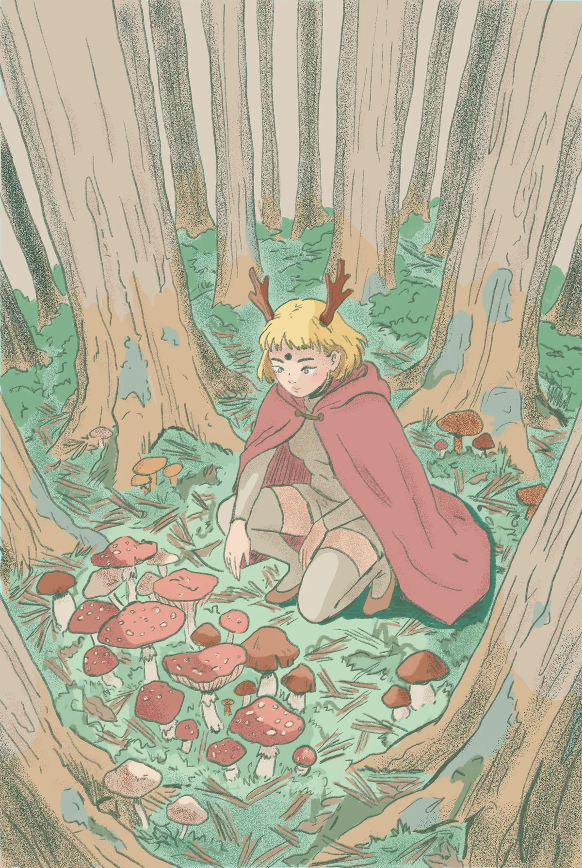Page 2. Embe kneels among red mushrooms in a deep wood.
