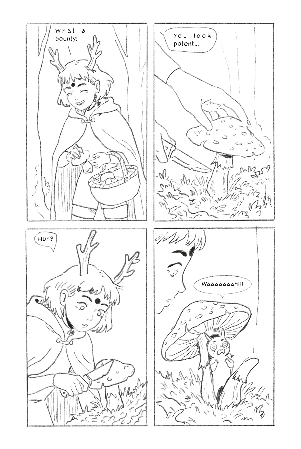 Page 3. Embe gathers mushrooms. One of them has a face.