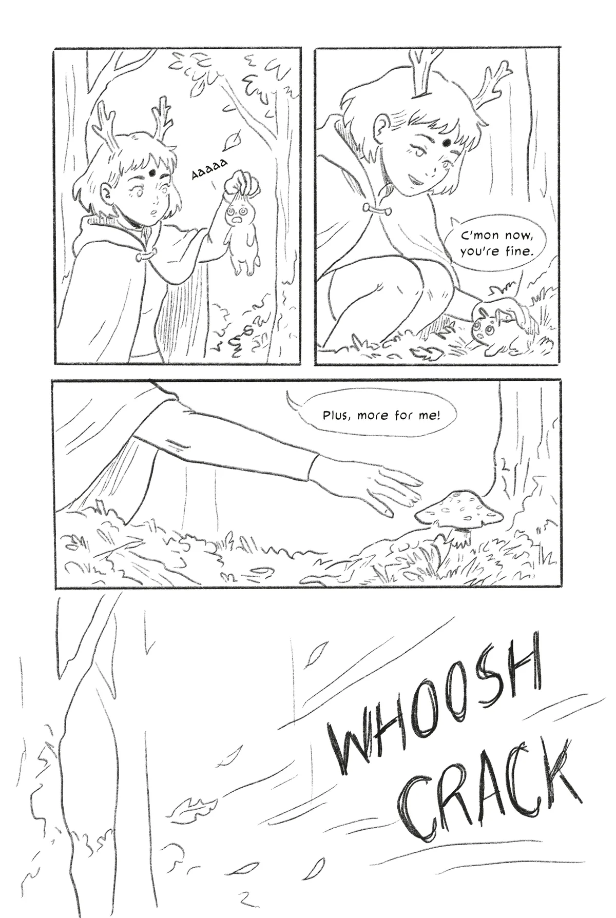 Page 5. Embe calms a tiny mushroom creature. A gust of wind cracks through the trees.