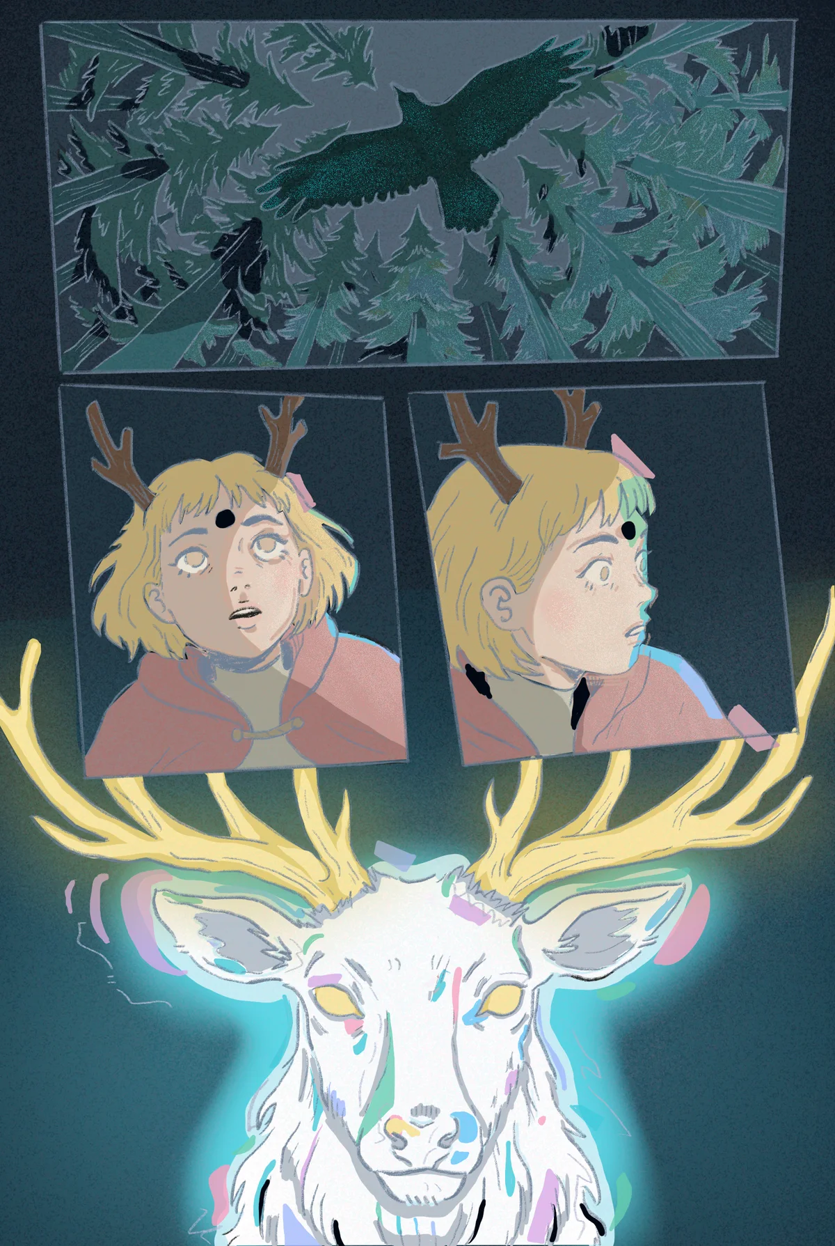Page 7. A raven flies over the pines. Embe gasps as a white stag appears.