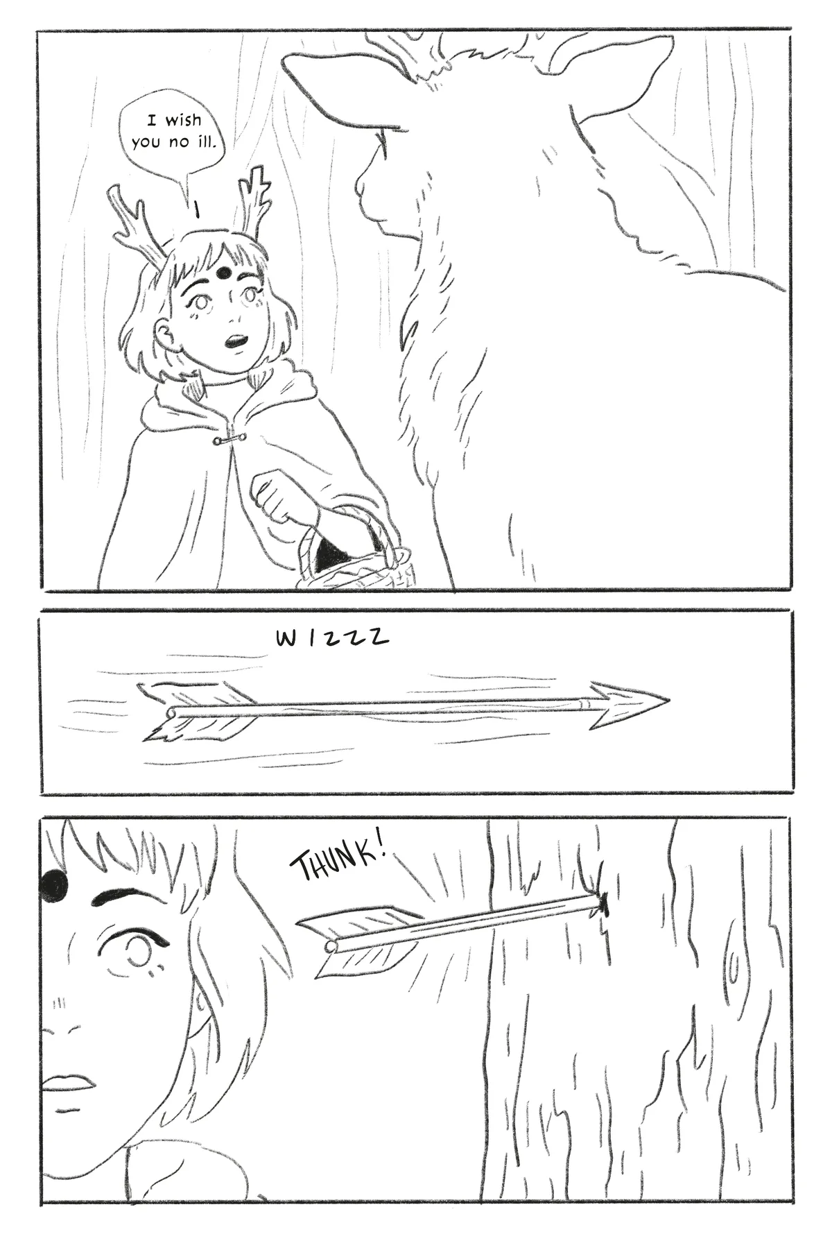 Page 9. The stag speaks to Embe. An arrow flies past and strikes a tree.
