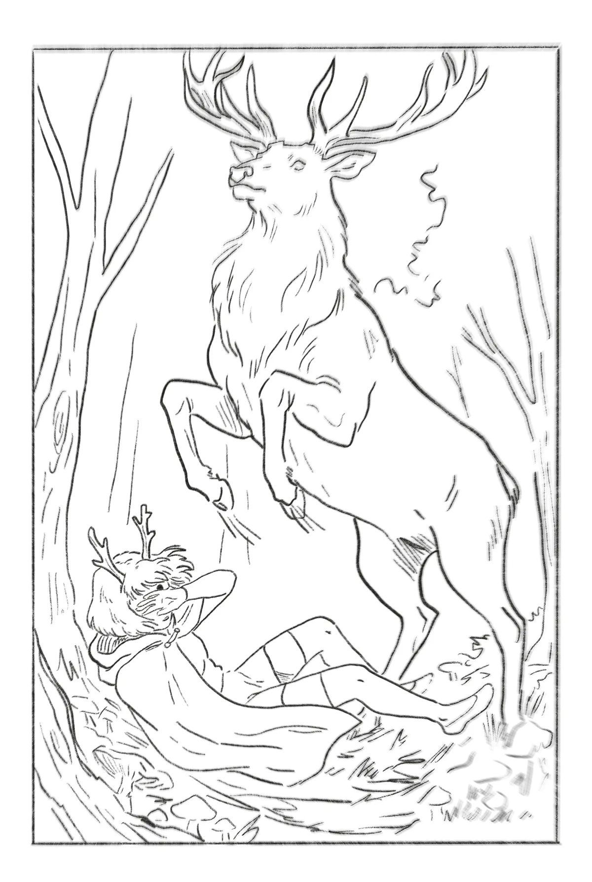 Page 10. The stag rears over Embe.