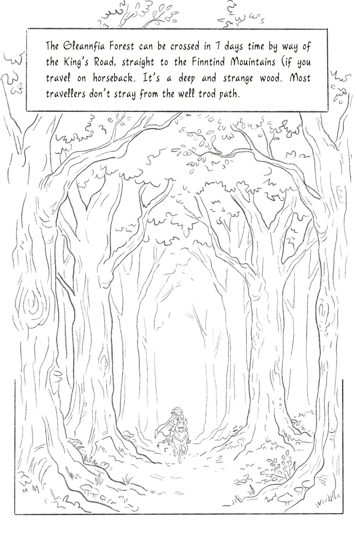 Page 12. A traveller on horseback on the road through a deep forest.